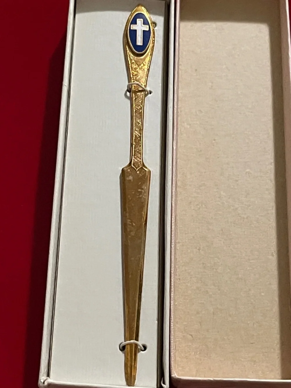 Vintage Gold Letter Opener with Blue and White Cross Emblem